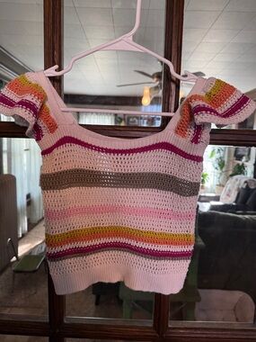 Thereabouts Crochet Knit Striped‎ Crop Top Pink Multi Square Neck Flutter Sleeve